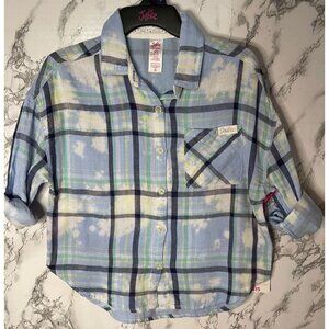Justice Girls Double Weave Plaid Button-Up Shirt XS (5/6)  Blue Green White
